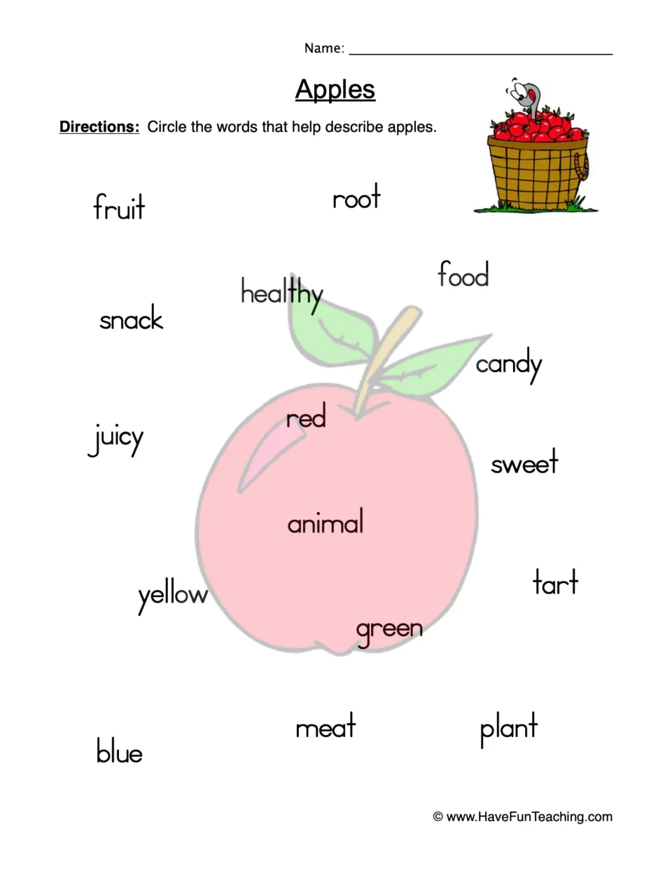 Apple vocabulary circling worksheet: choose describing words from fruit, healthy, juicy, red and 12 more.