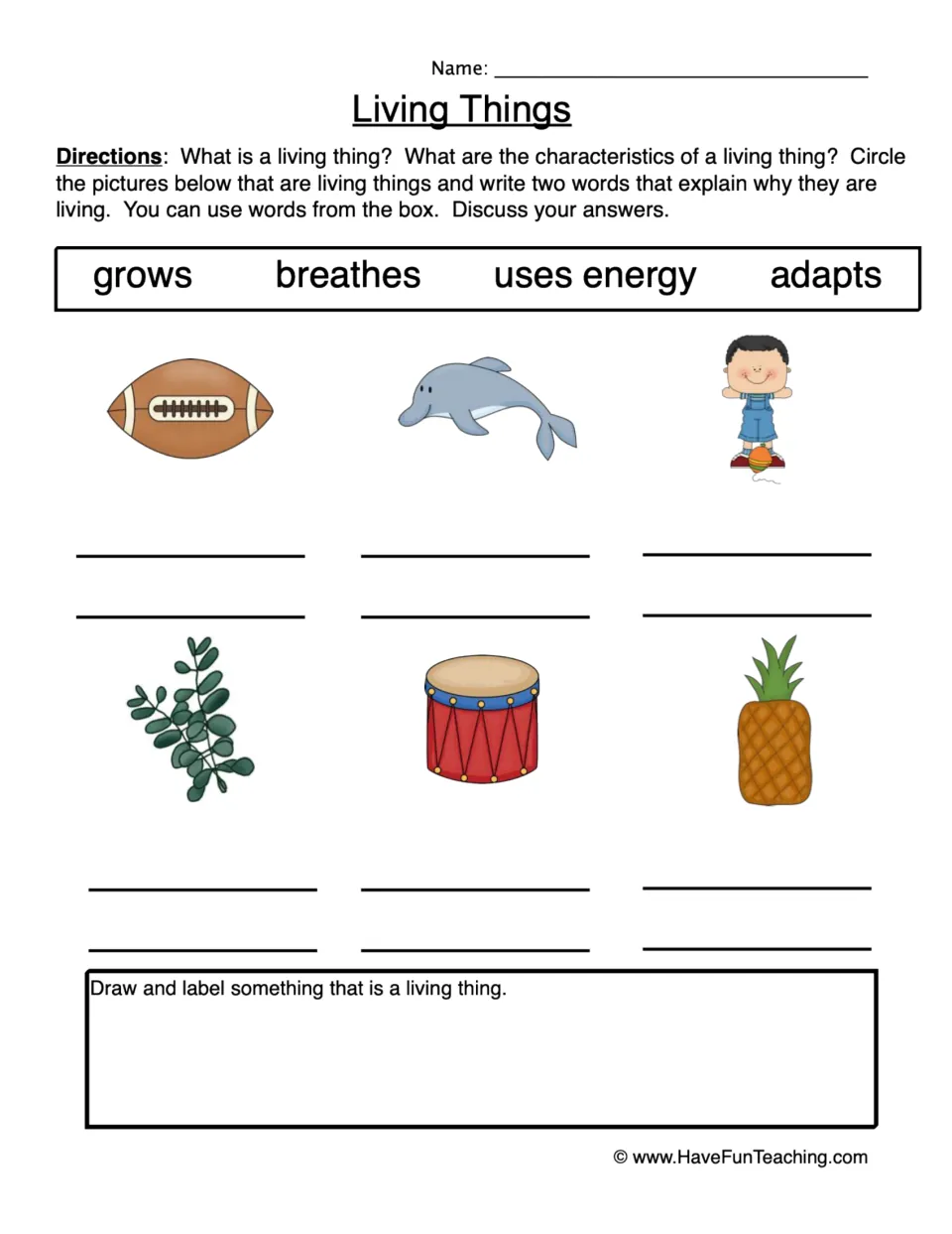 Living things: students circle the living pictures, write why using grows, breathes, uses energy, adapts, then draw one