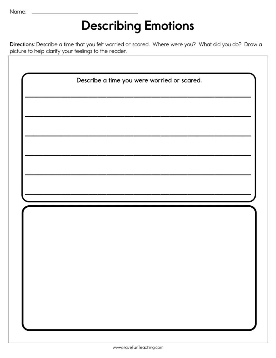 Emotion reflection worksheet: describe a time you felt worried or scared, where you were, and what you did.