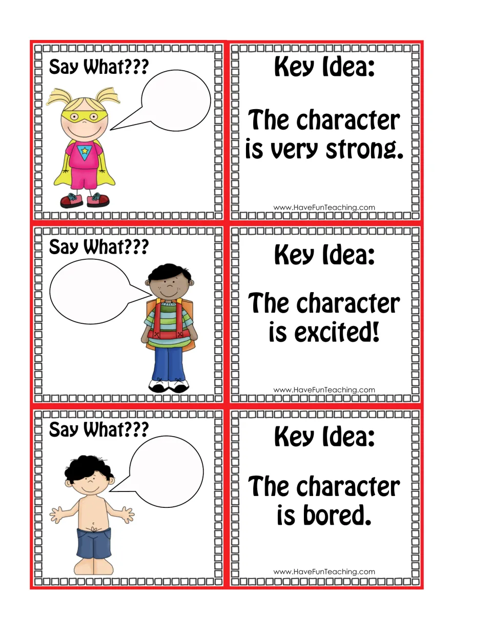 Key idea cards: strong, excited, bored, each paired with a superhero or child card for students to fill a speech bubble