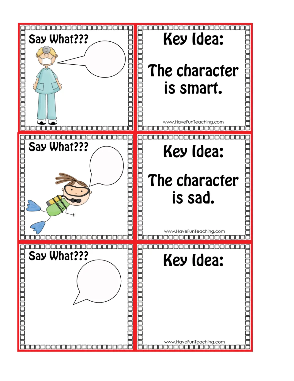 Key idea cards: smart and sad with doctor and scuba diver speech-bubble cards, plus a blank pair for students to write