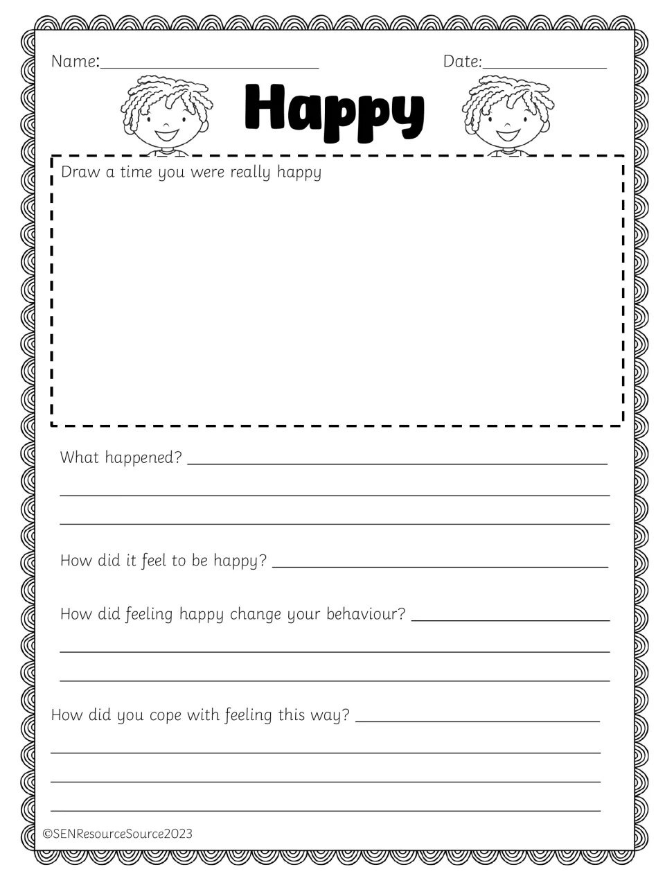 Happy feelings reflection: students draw a time they were really happy, then write what happened and how they coped