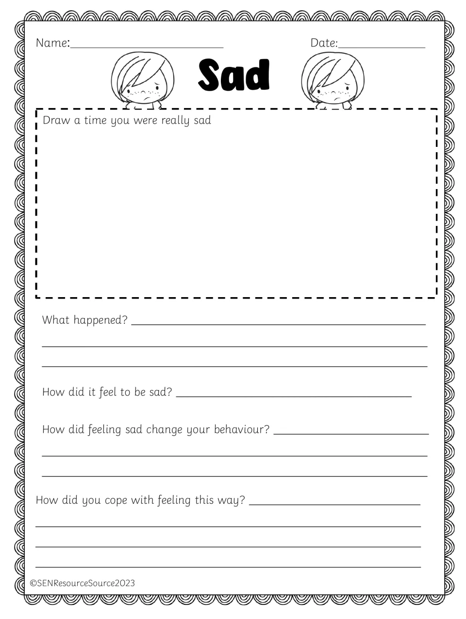 Sad: students sketch a time they felt sad, explain how it felt, how it changed their behaviour and how they coped with it