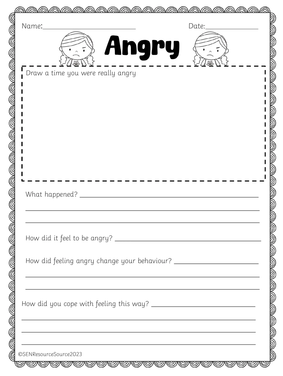 Angry: students illustrate a time they were really angry and answer what happened and how anger changed their behaviour