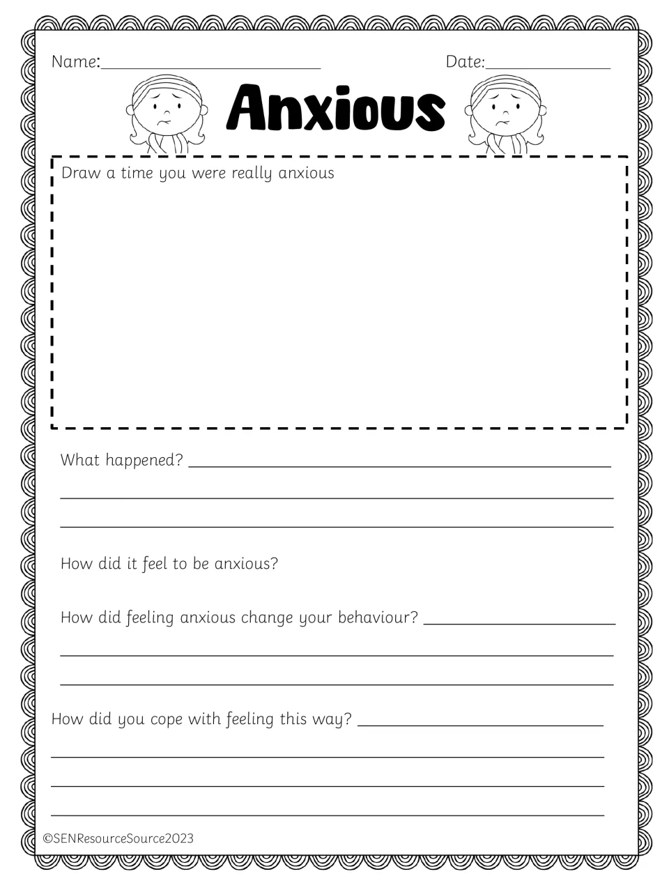 Anxious: students draw a worrying moment, then describe how anxiety felt, how it affected their actions and how they coped