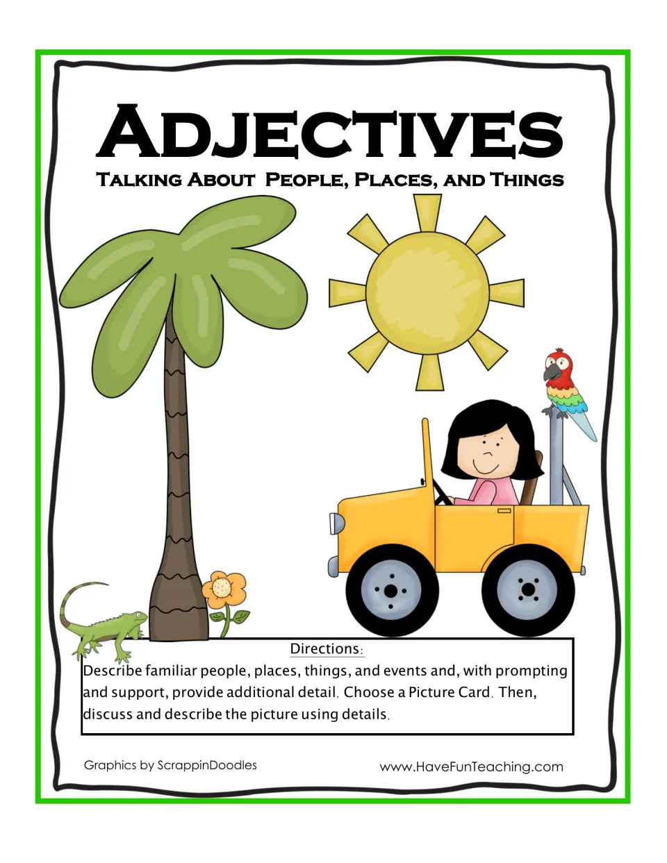 Adjective activity cover: directions to choose a picture card, discuss it, and describe it using details