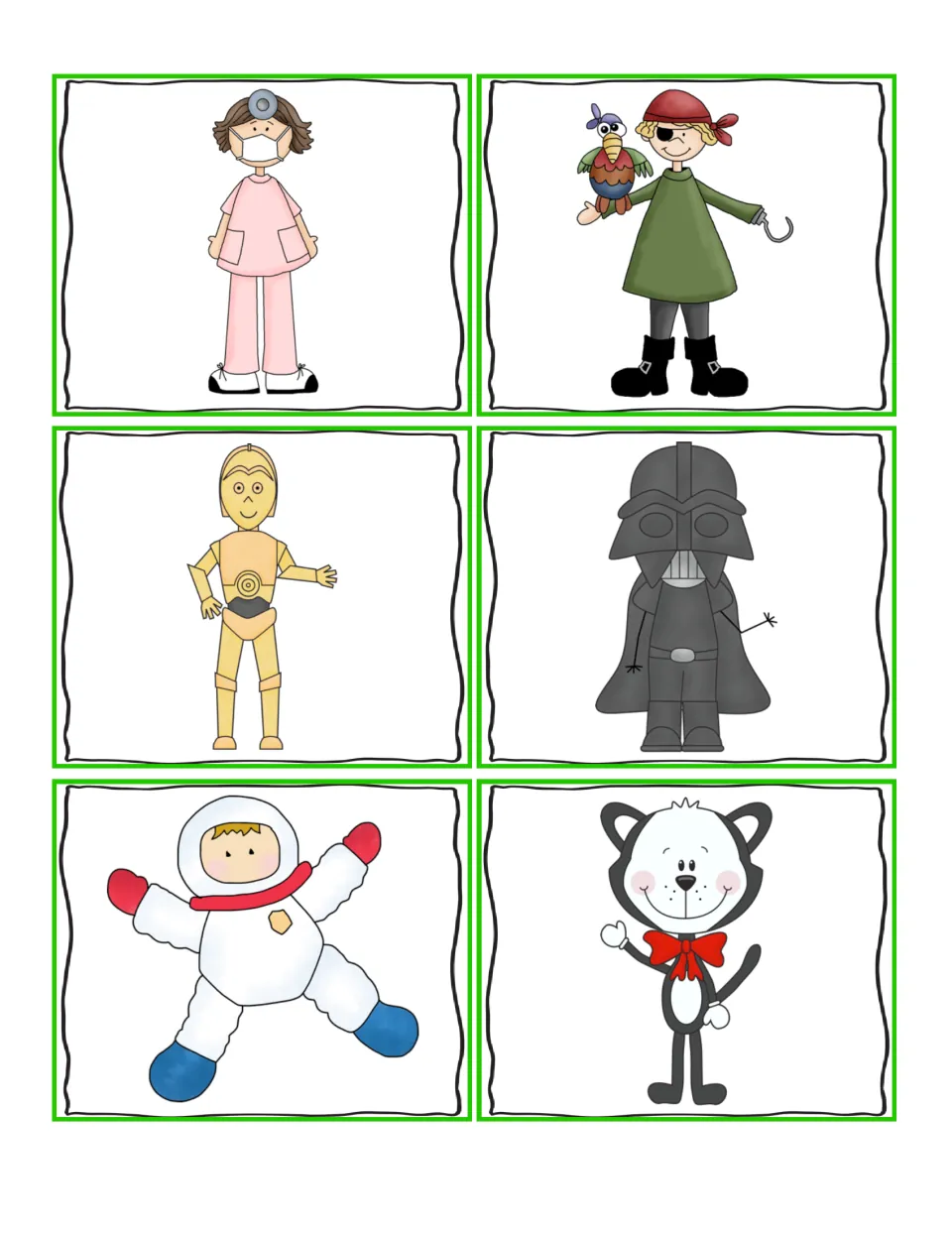 Adjective picture cards 1–6: a doctor, pirate, gold robot, Darth Vader, astronaut, and cat to describe