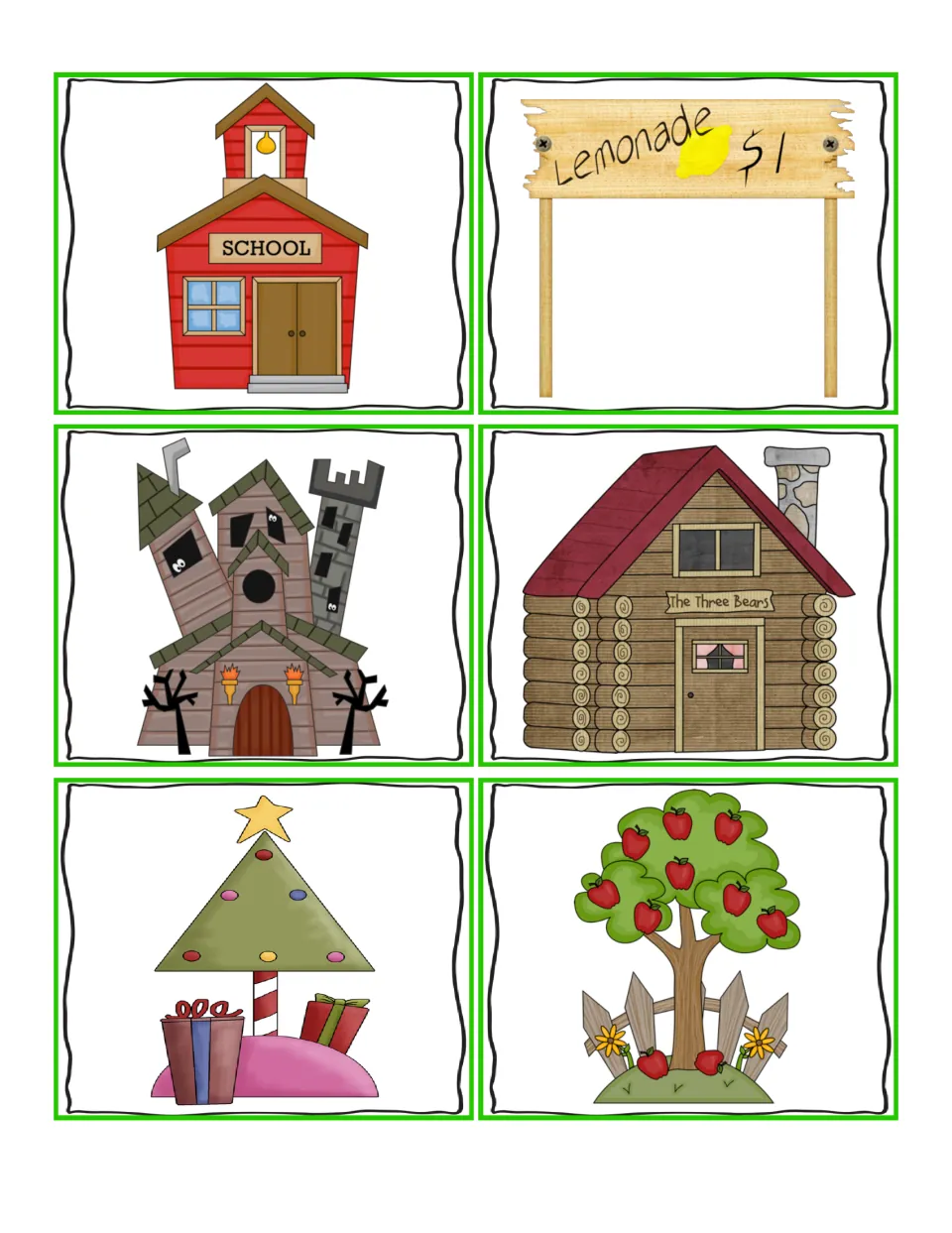 Adjective picture cards 7–12: school, lemonade stand, haunted house, bear cabin, Christmas tree, and apple tree