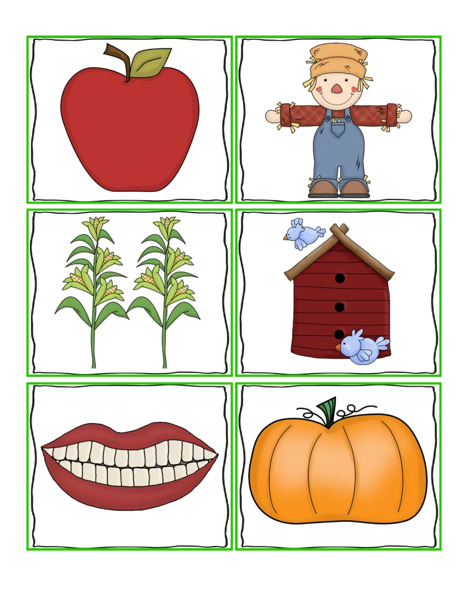 Adjective picture cards 13–18: an apple, scarecrow, corn stalks, birdhouse, smiling mouth, and pumpkin