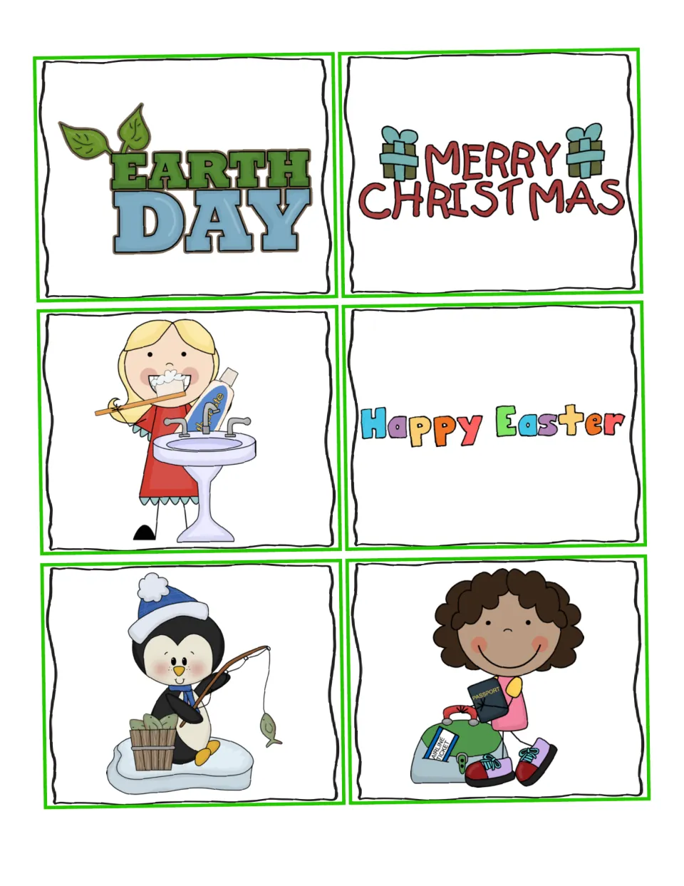 Adjective picture cards 19–24: Earth Day, Christmas, toothbrushing, Easter, a fishing penguin, and a traveler