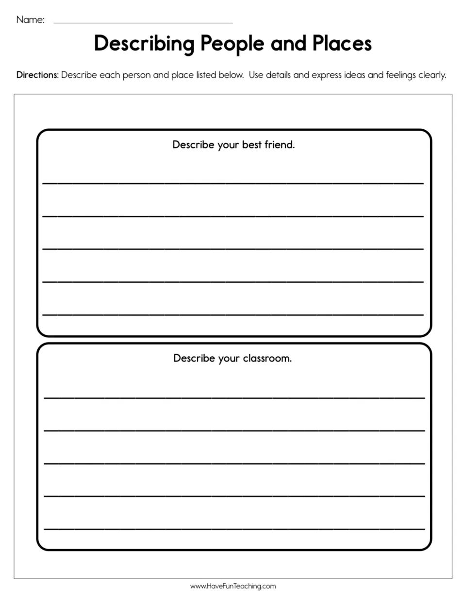 Descriptive writing worksheet asking students to describe their best friend and classroom using details.