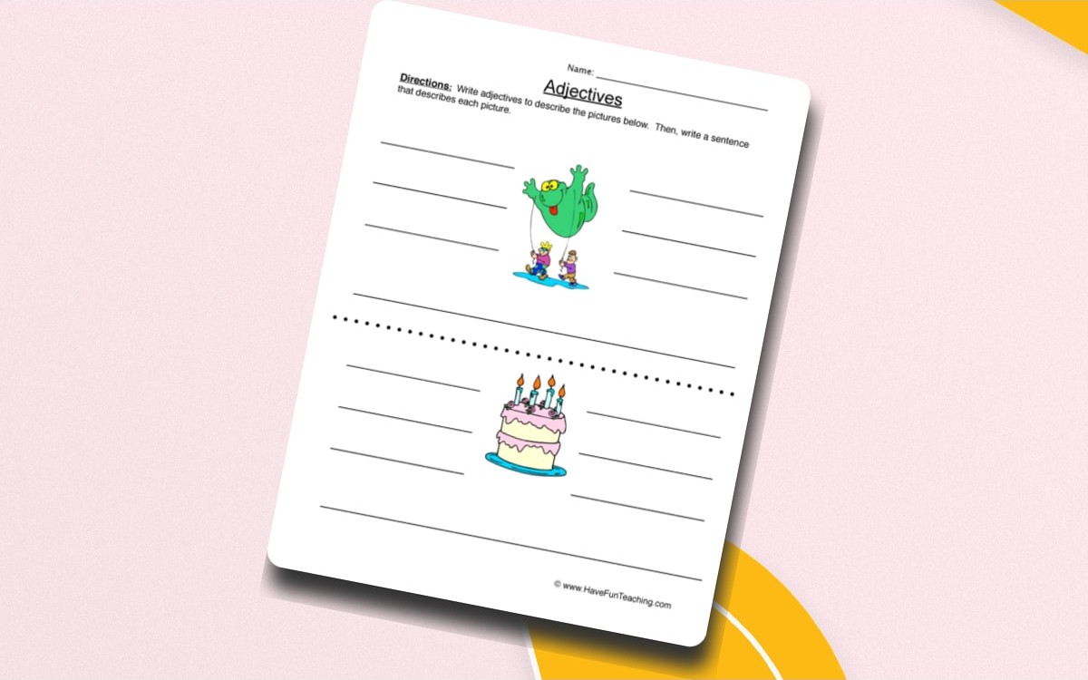 Describing Pictures Adjectives Worksheet preview: Picture-based adjective prompts