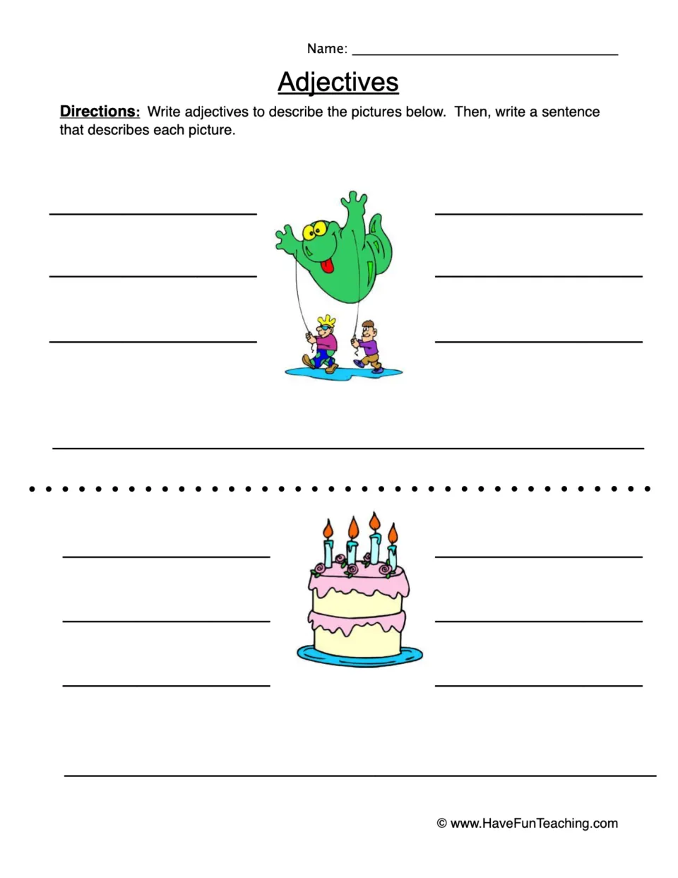 Adjectives: students write adjectives for a frog balloon and a birthday cake, then a sentence describing each picture