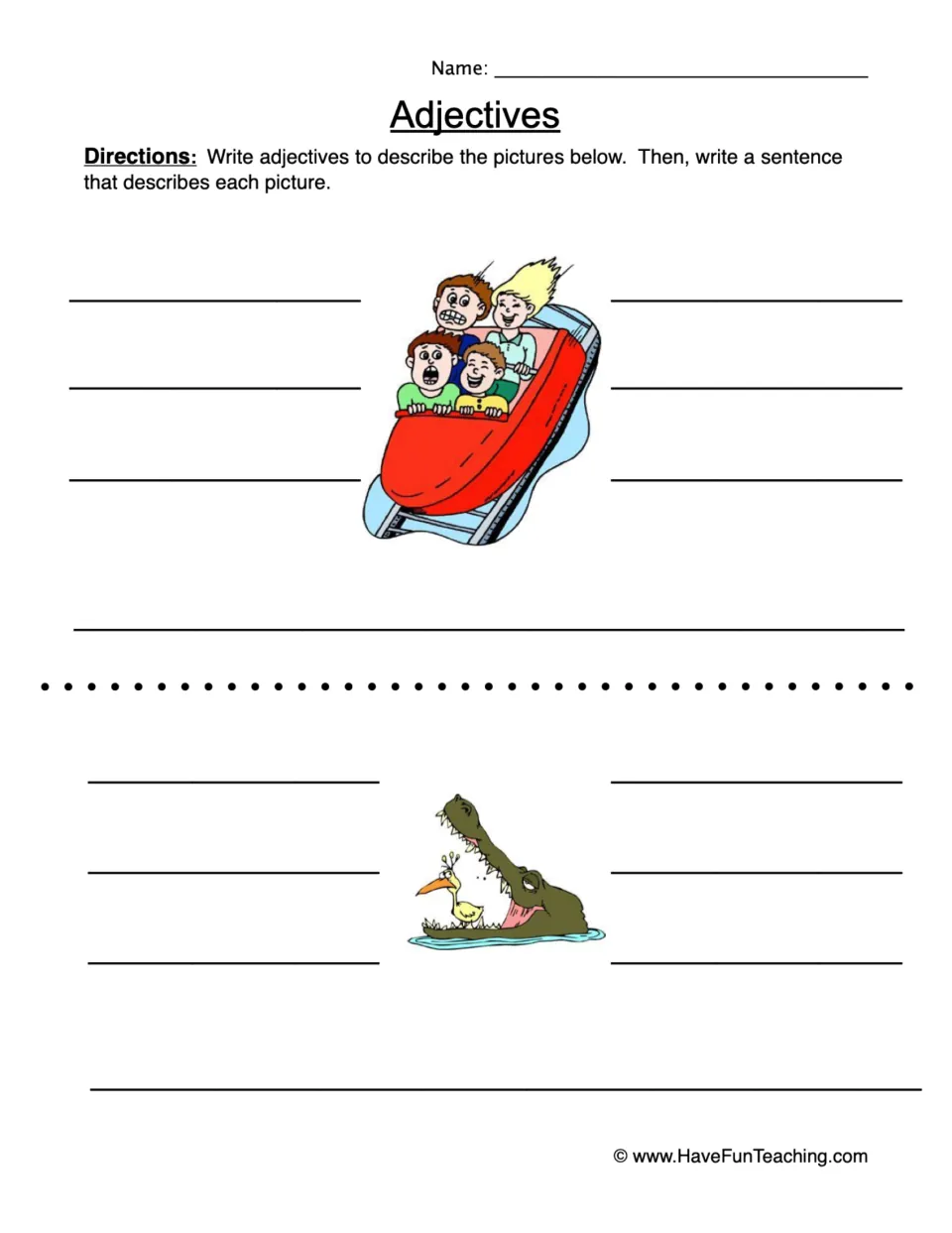 Adjective practice: describe roller coaster riders and a crocodile with a bird, then write a sentence for each.