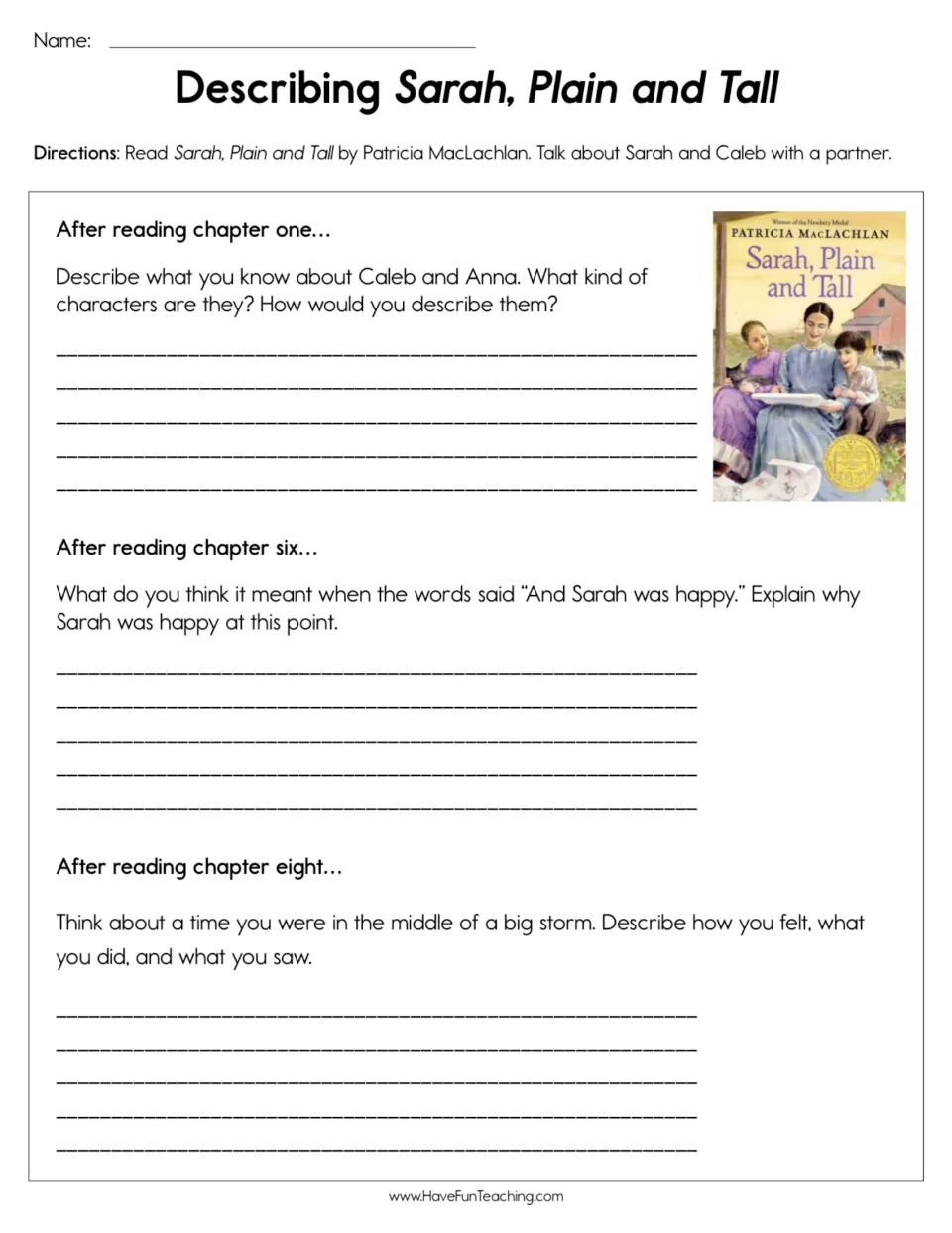 Reading response worksheet: describe Caleb and Anna, explain Sarah's happiness, and recall a big storm.
