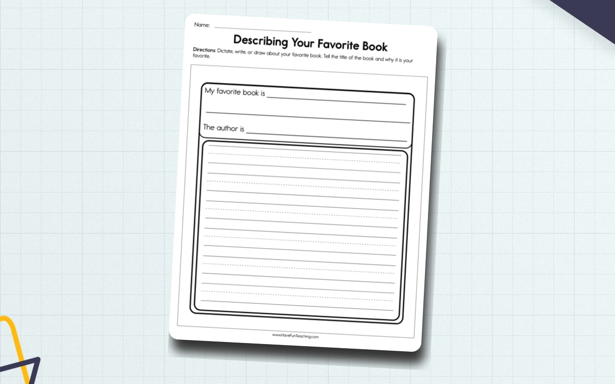 Describing Your Favorite Book Worksheet worksheet page with the activity title and student response area.