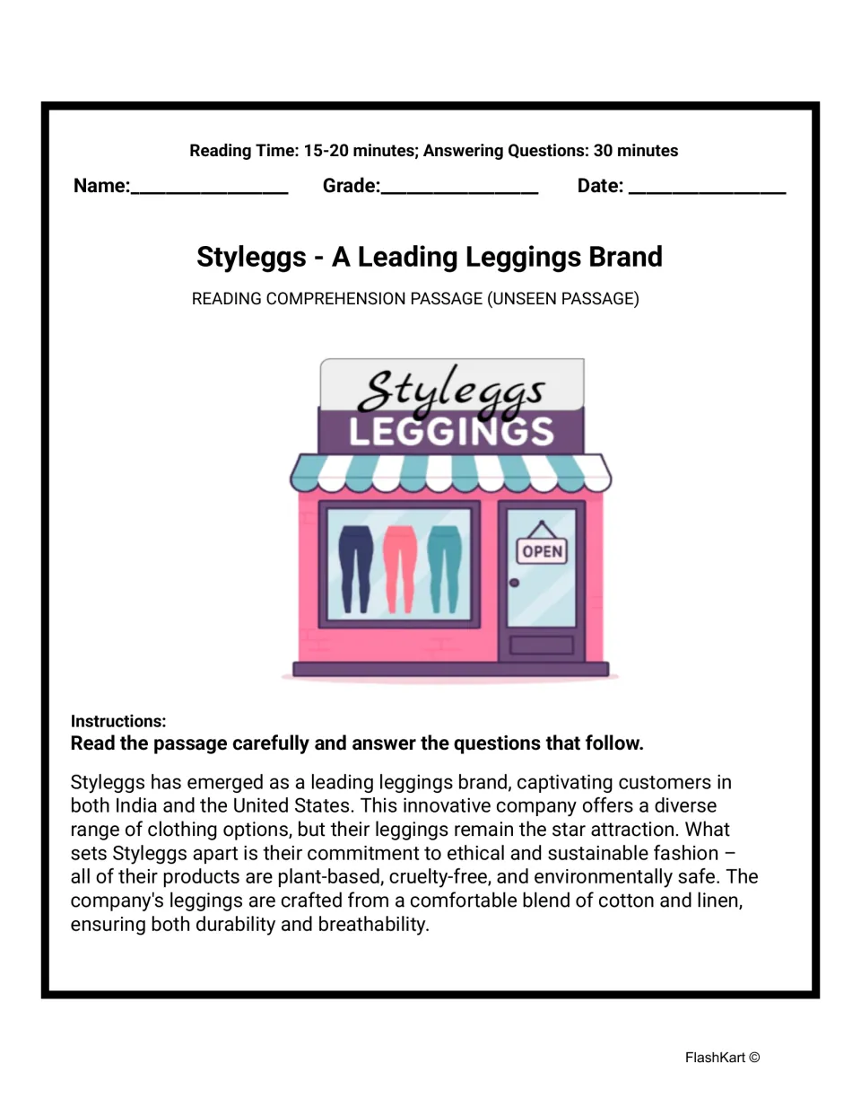 Reading passage opening: Styleggs introduces its leggings, cotton-linen fabric, and sustainable fashion.