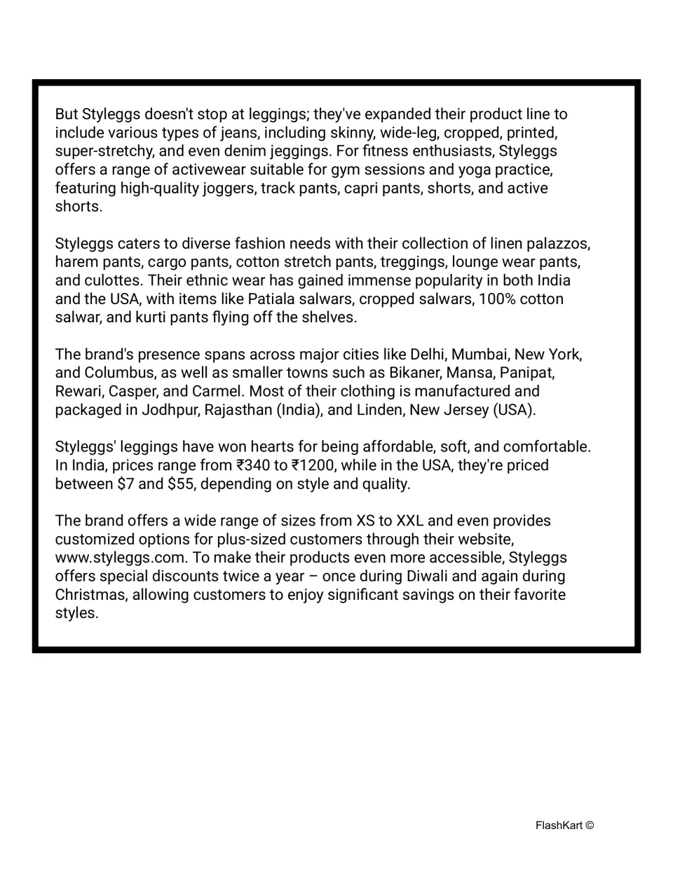 Reading passage part 2: Styleggs clothing options, manufacturing locations, prices, sizes, and discounts.