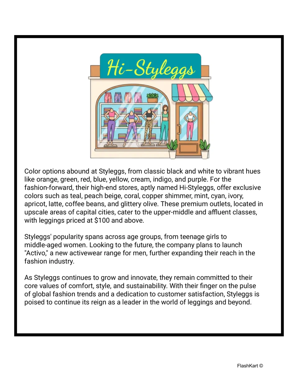 Reading passage conclusion: Hi-Styleggs premium colors, customers, planned men's activewear, and brand values.