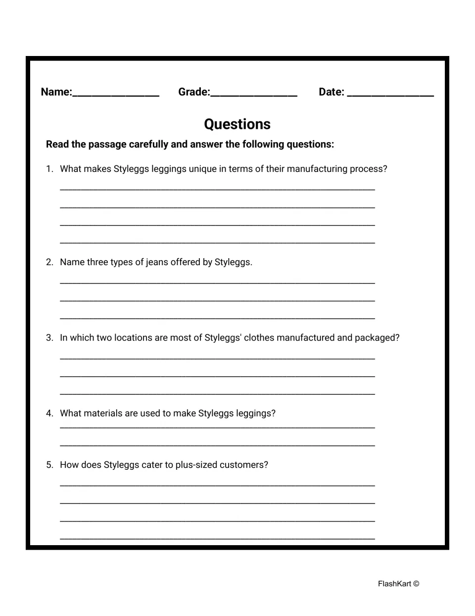 Comprehension questions 1–5 ask about Styleggs manufacturing, jeans, locations, materials, and plus sizes.