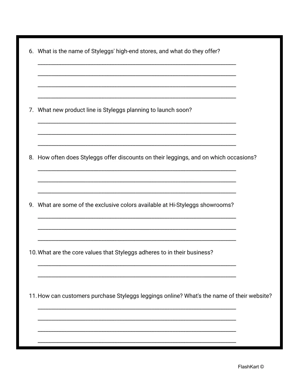 Comprehension questions 6–11 cover Hi-Styleggs stores, Activo, discounts, colors, values, and online shopping.
