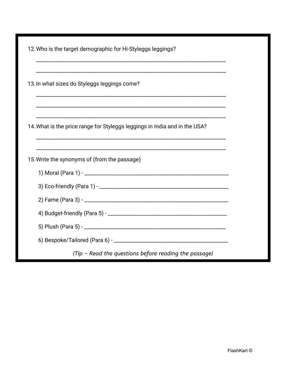 Questions 12–15 cover Hi-Styleggs customers, sizes, prices, and six synonyms to find in the passage.