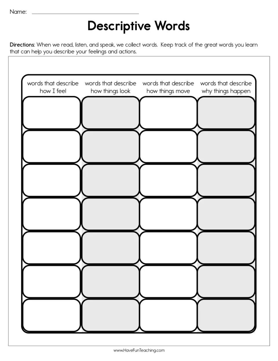 Vocabulary recording sheet for words describing feelings, how things look, how things move, and why they happen.