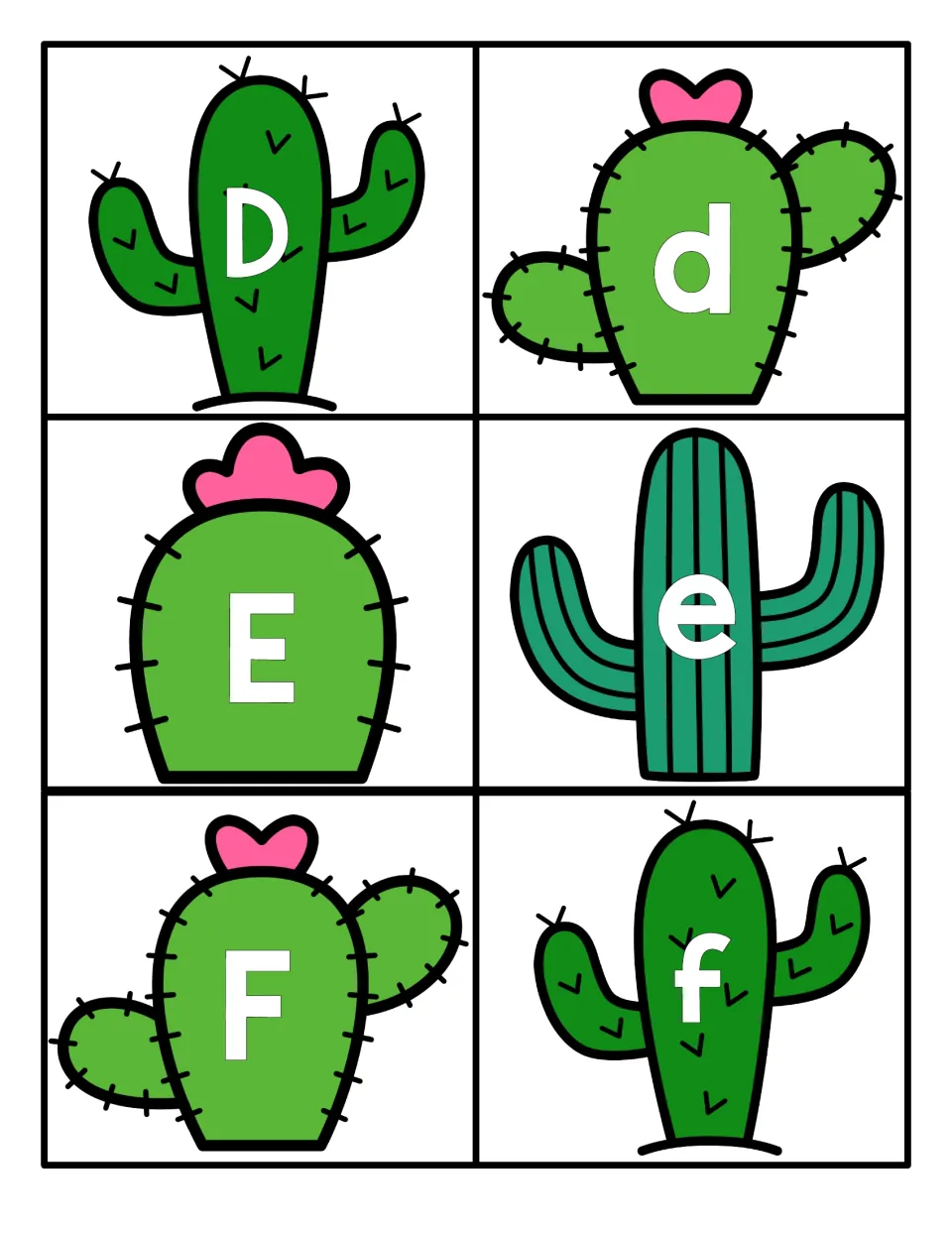 Letters D to F: six cactus cards with capital D, E, F and small d, e, f for letter recognition and pairing letter cases