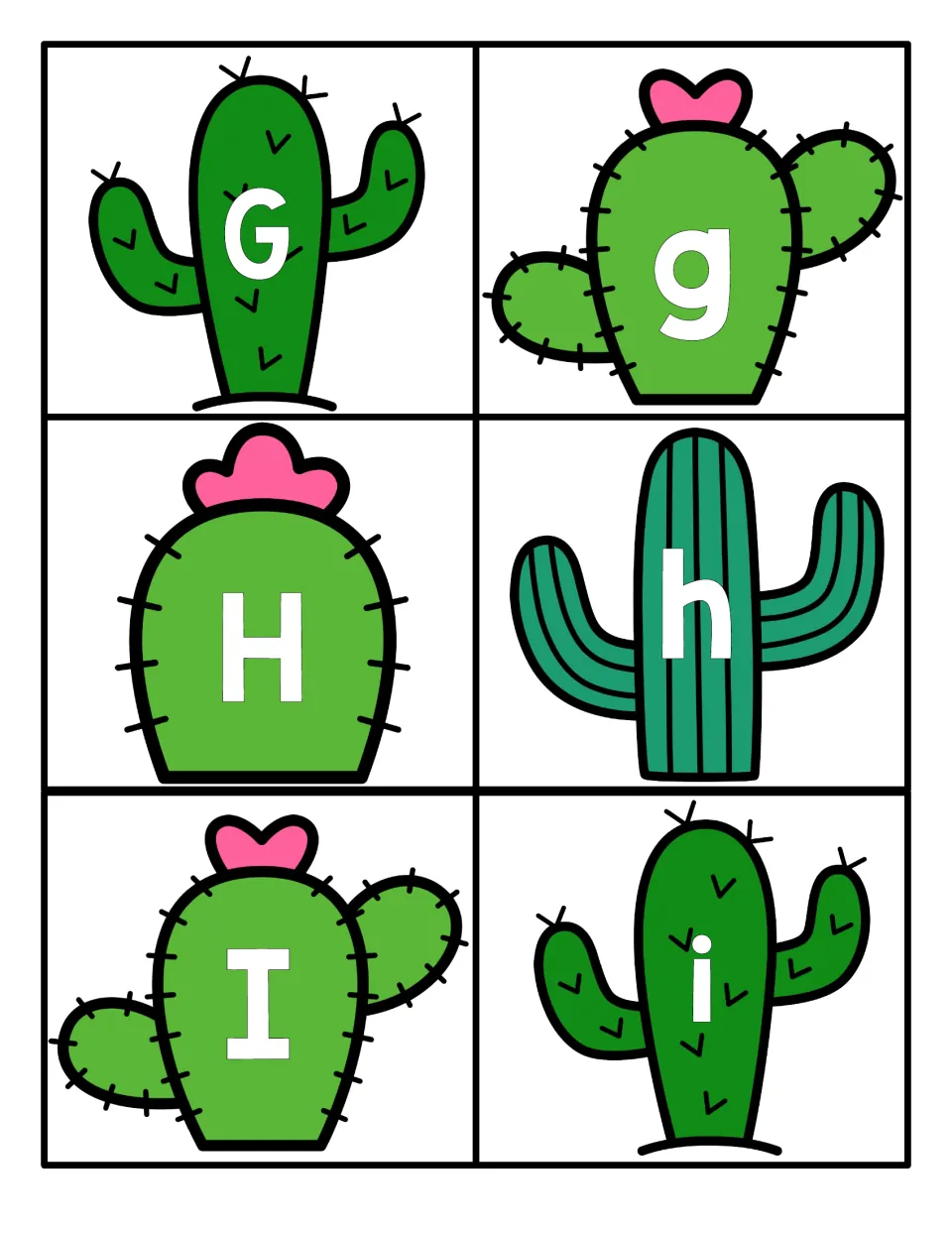 Letters G to I: cactus cards printed with G, g, H, h, I, i so children find each capital letter's lowercase partner