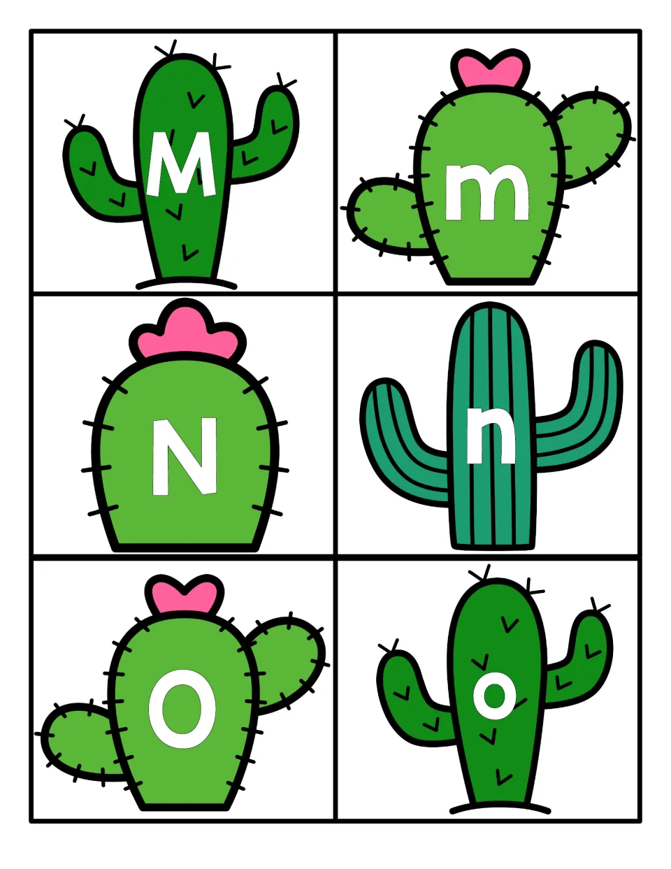 Letters M to O: cactus cards with M, m, N, n, O, o for identifying letters and matching each capital to its small form