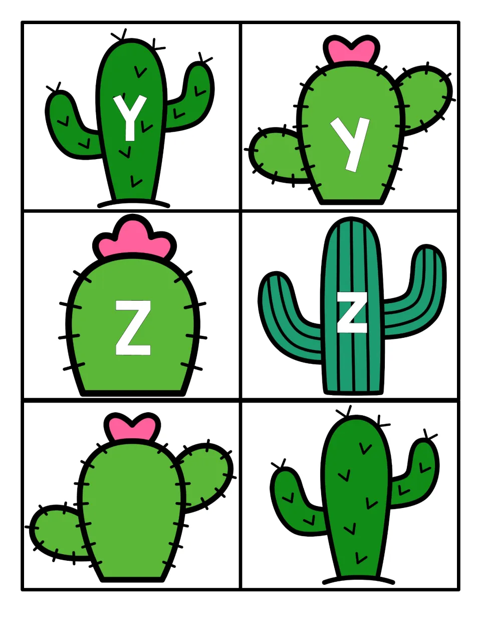 Letters Y and Z: cactus cards for Y, y, Z, z completing the alphabet, plus two blank cactus cards with no letter