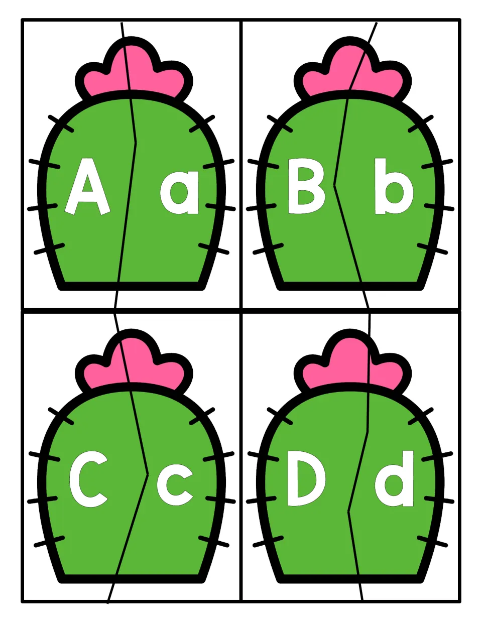 Letters A to D: students match uppercase and lowercase halves of four two-piece cactus puzzles, such as A with a