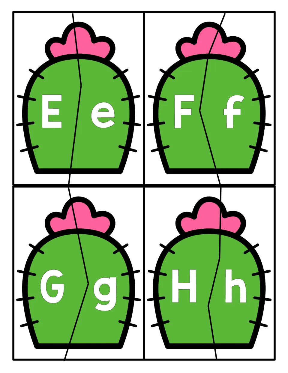 Letters E to H: students cut apart cactus puzzles and join each capital letter half to its lowercase partner