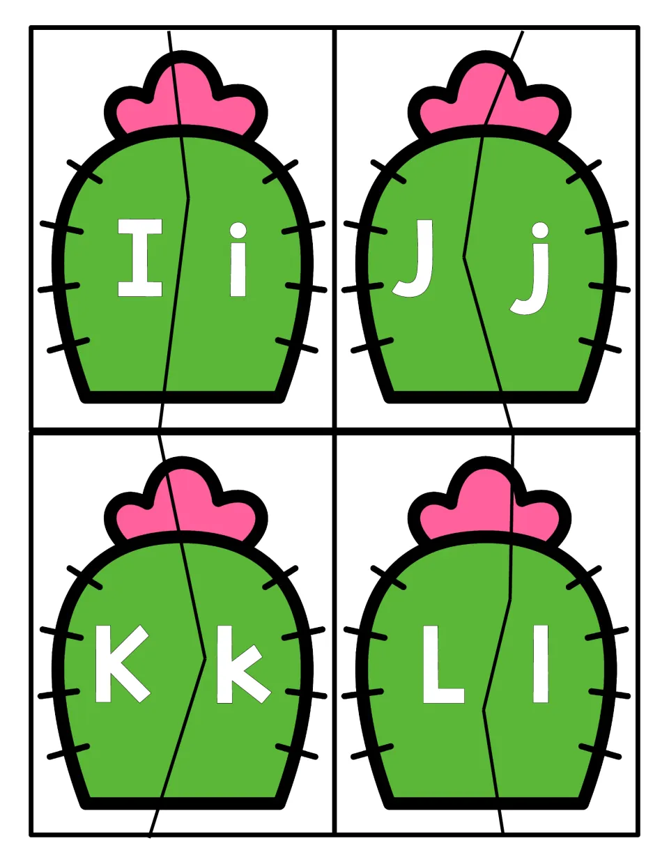 Letters I to L: two-piece cactus puzzles where students fit uppercase I, J, K and L to matching lowercase halves