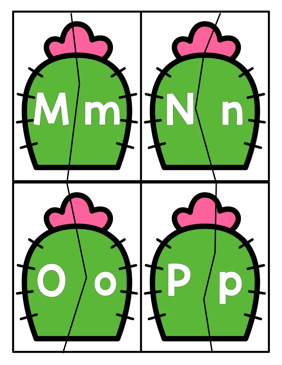 Letters M to P: cactus puzzles for letter recognition; students pair M, N, O and P with their lowercase halves