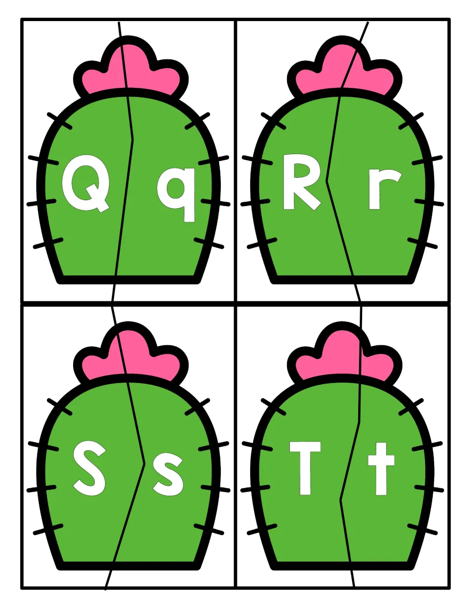 Letters Q to T: students match capital Q, R, S and T to lowercase q, r, s and t by joining split cactus pieces