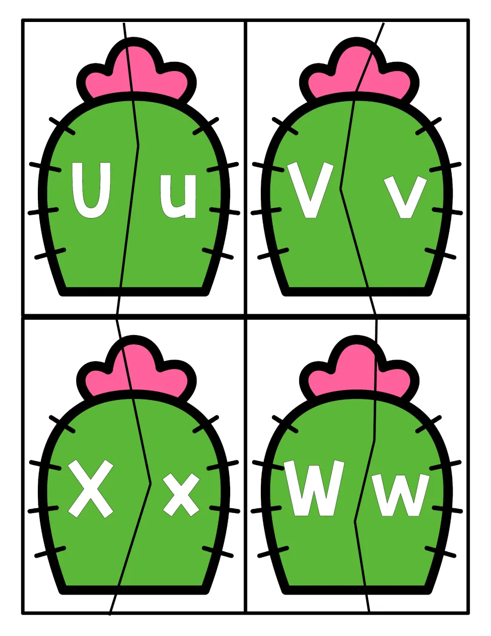 Letters U, V, W and X: two-piece cactus puzzles for matching each uppercase letter to its lowercase form