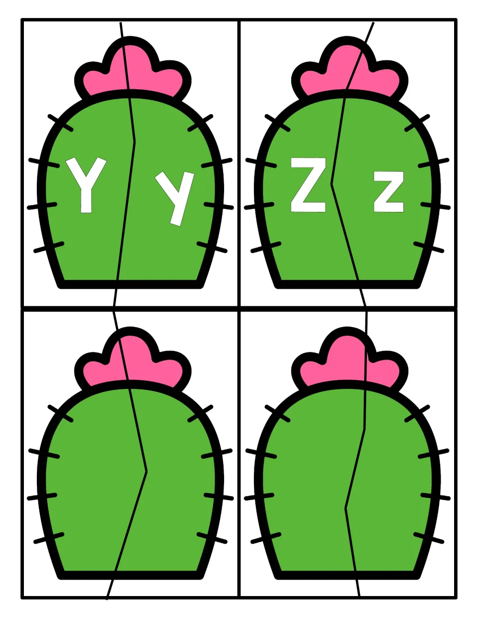 Letters Y and Z: cactus puzzles for uppercase-lowercase matching, plus two blank cactus puzzles with no letters