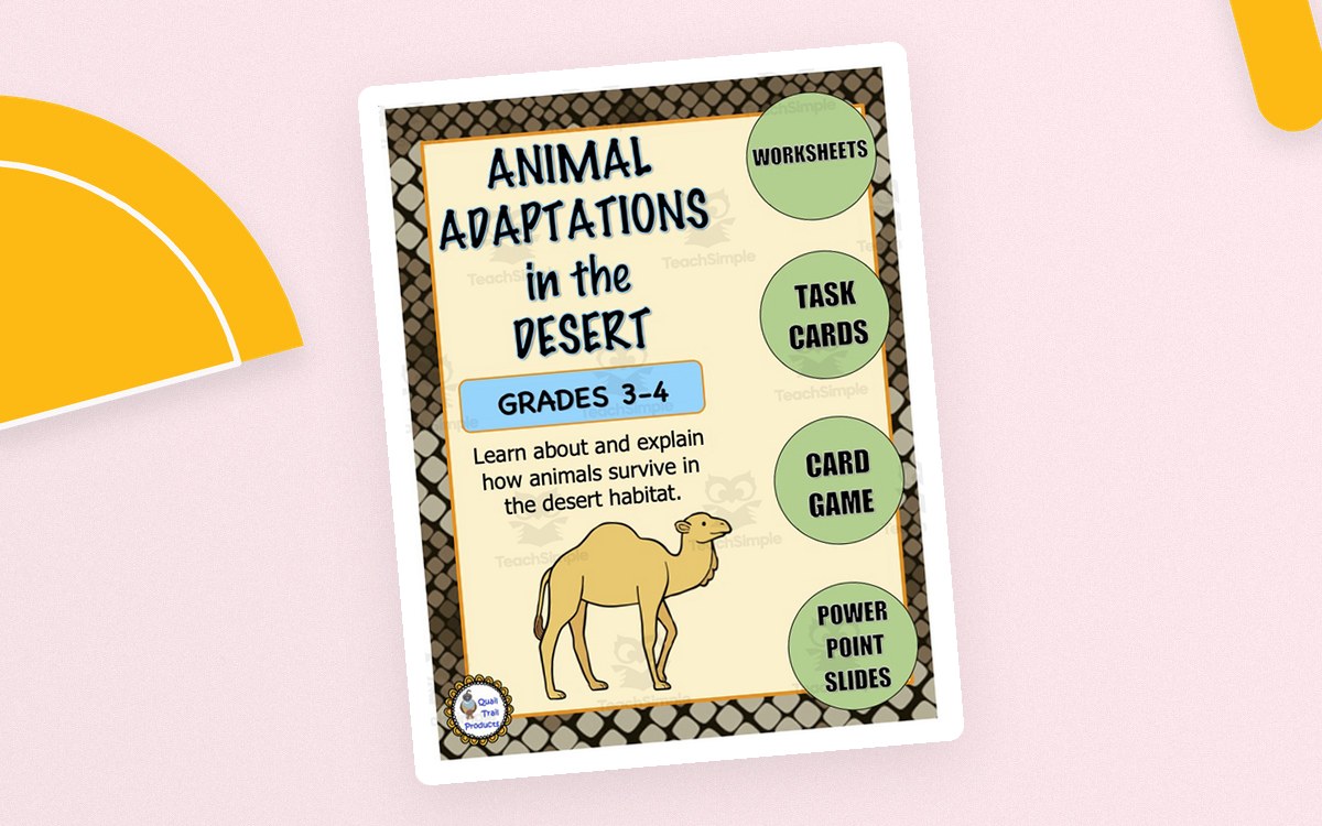 Animal Adaptations in the Desert cover with a camel and badges for worksheets, task cards, card game, and PowerPoint slides.