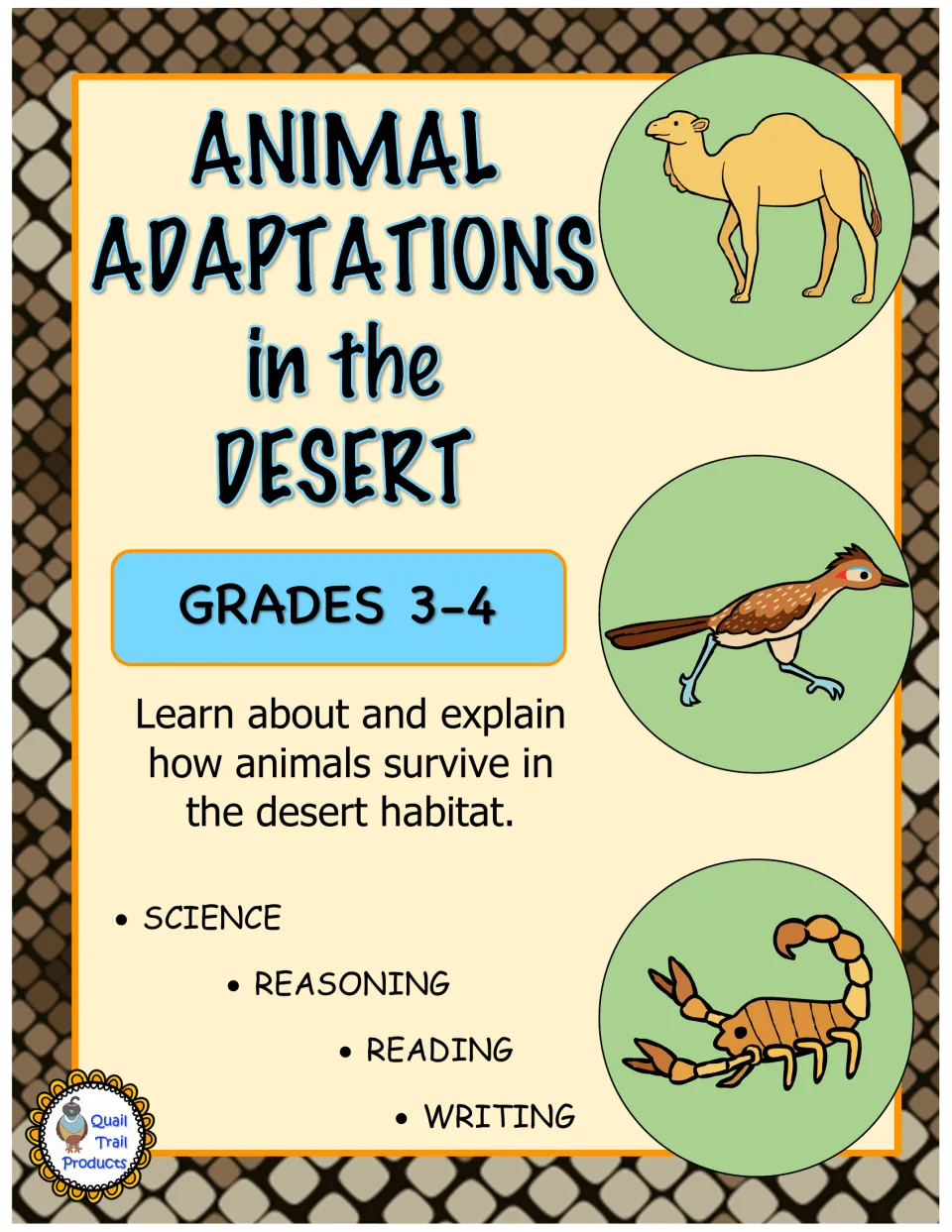 Animal Adaptations in the Desert cover for grades 3-4 with camel, roadrunner and scorpion; science, reading and writing