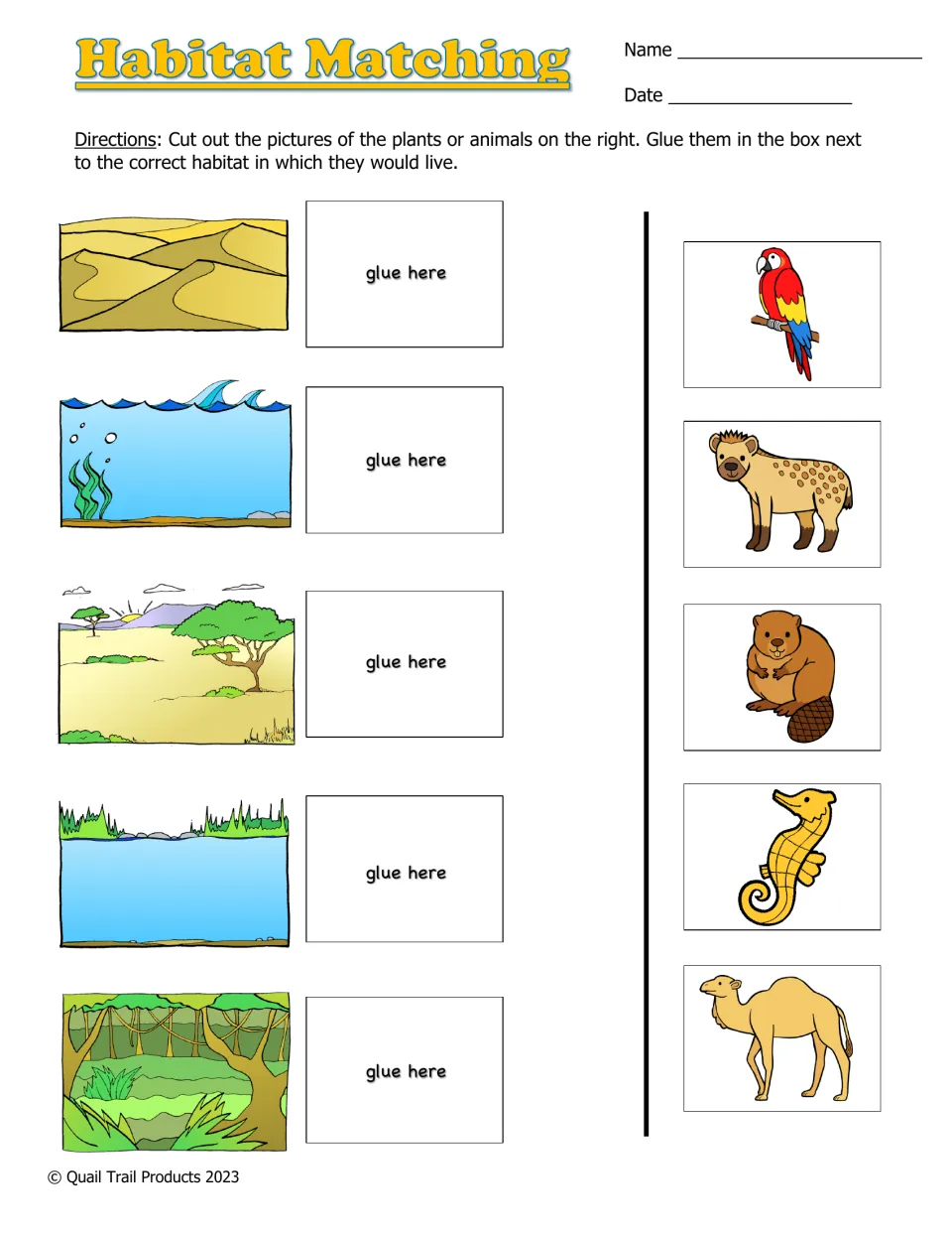 Habitat matching: students cut out a parrot, hyena, beaver, seahorse and camel and glue each beside its habitat scene