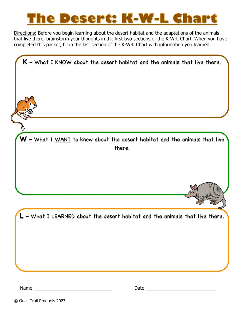 Desert K-W-L chart: students record what they know and want to know, then return later to write what they learned