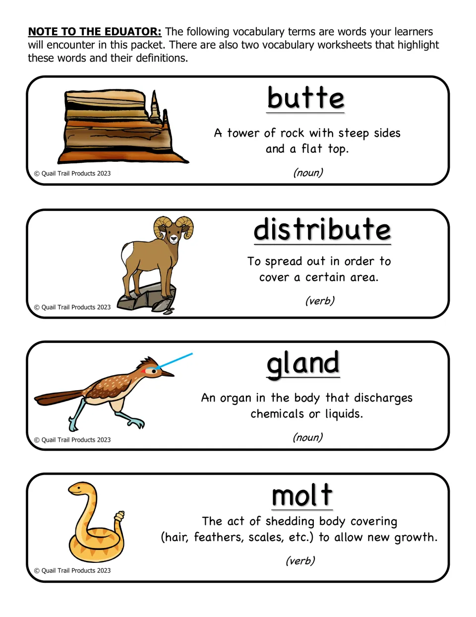 Vocabulary cards defining butte, distribute, gland and molt, each with part of speech and a picture such as a roadrunner