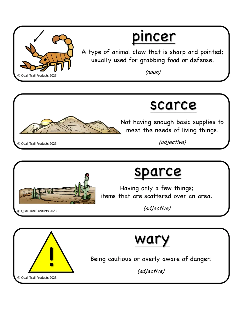 Vocabulary cards for pincer, scarce, sparce and wary with definitions, parts of speech and pictures like a scorpion claw
