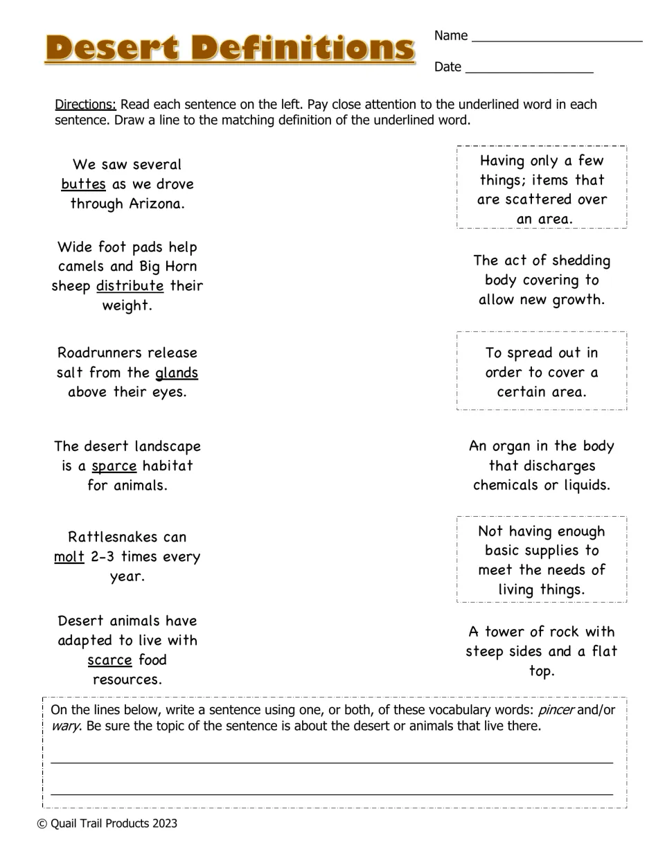 Desert definitions: students draw lines from six underlined words in sentences to meanings, then use pincer or wary