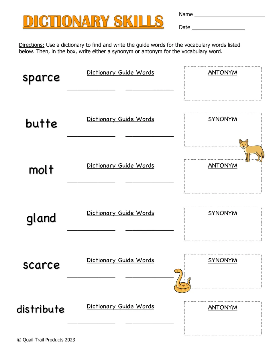 Dictionary skills: students find guide words for six desert vocabulary words and write a synonym or antonym for each