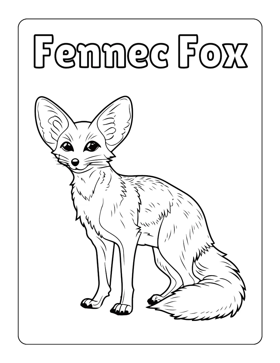Fennec fox colouring page: students colour a detailed line drawing of a sitting fox with huge ears and a bushy tail