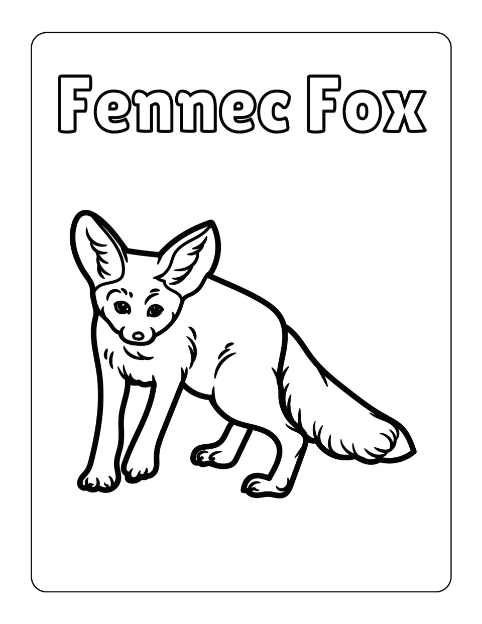 Fennec fox, simpler version: students colour a bold-outline standing fox with large pointed ears, labelled by name