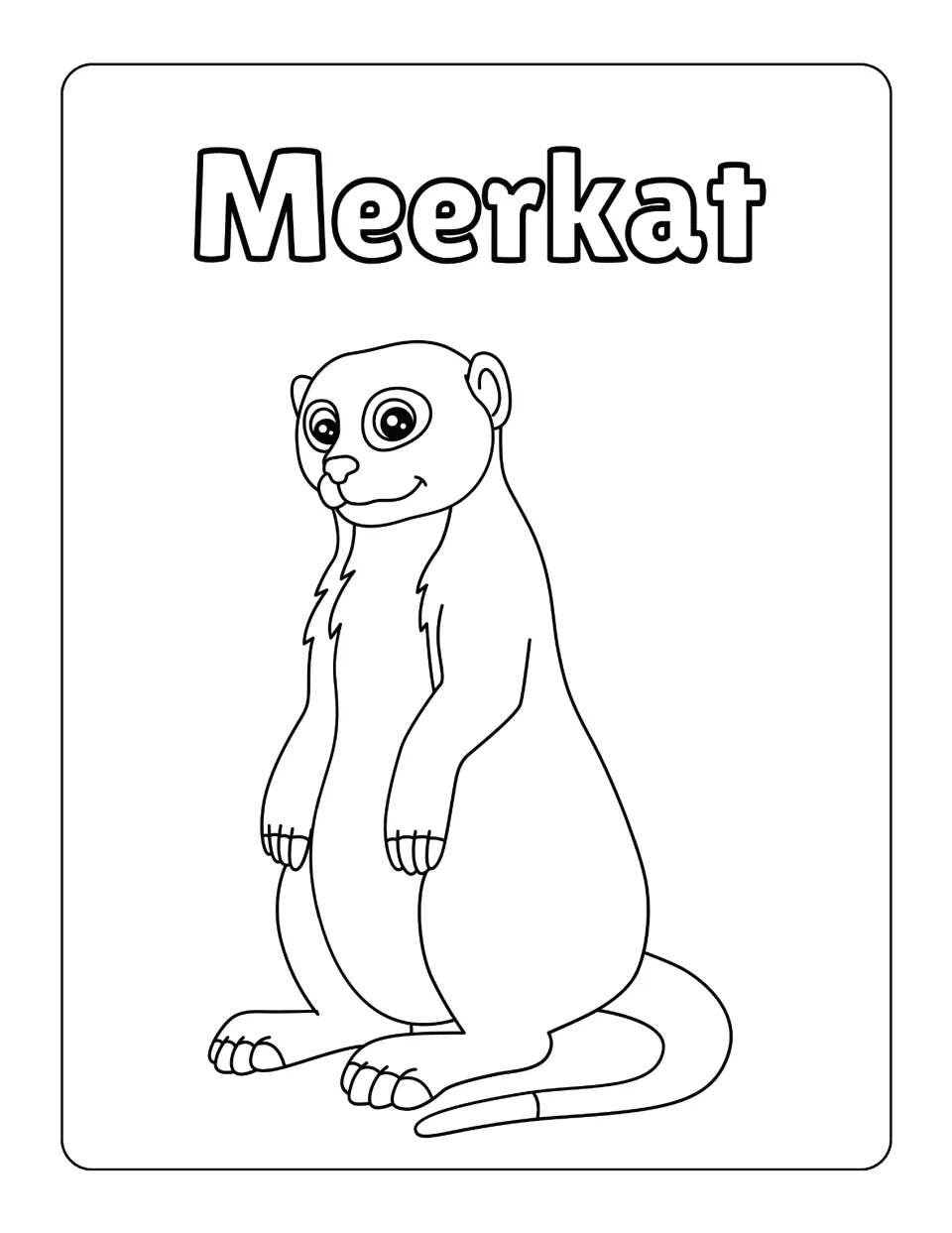 Meerkat drawing to colour: a smiling cartoon meerkat standing upright on its back legs with its long tail curled
