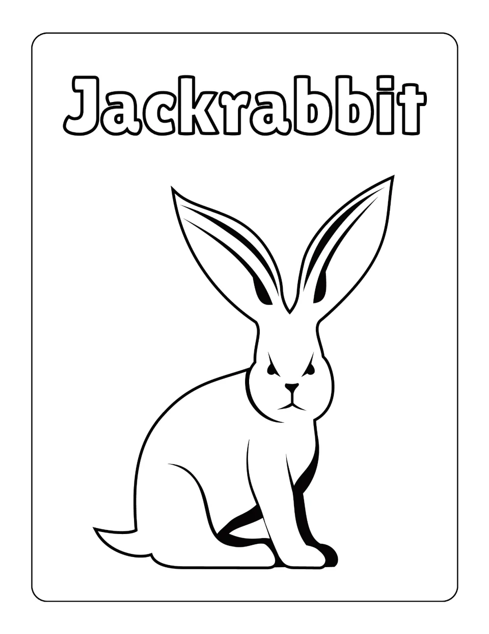 Jackrabbit colouring page: students colour a sitting hare with very long, upright ears and strong back legs